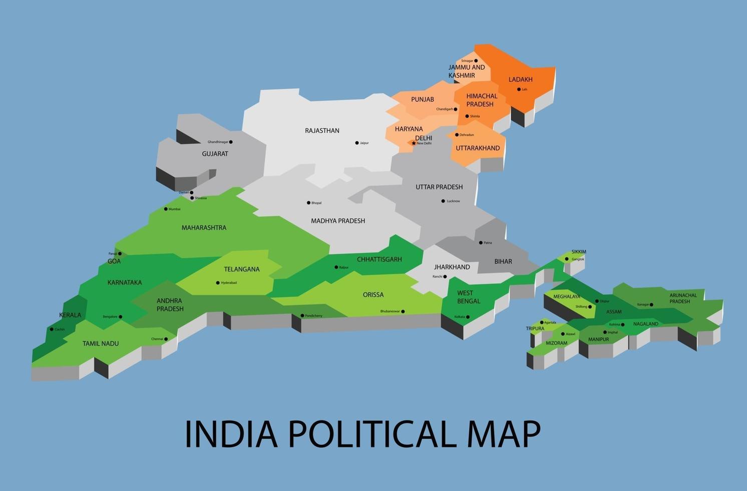 india mapa político isométrico dividir por estado vector