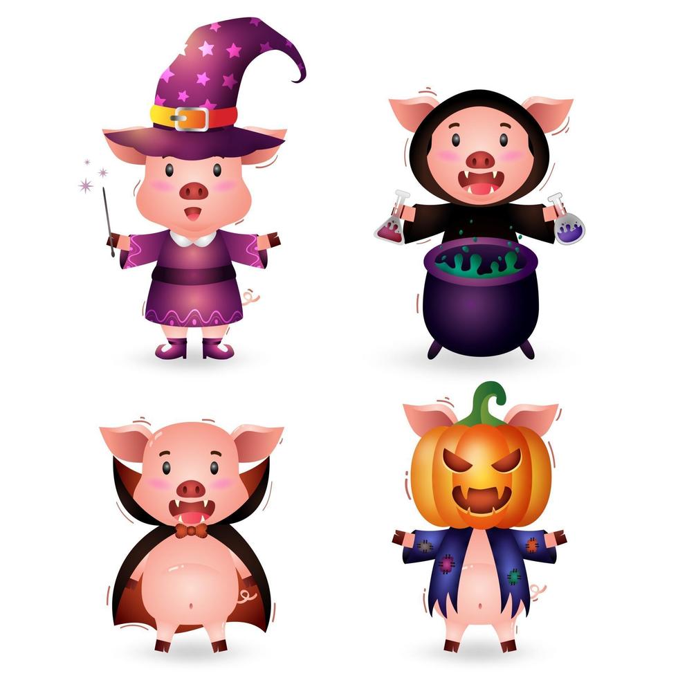 cute pig with costume halloween character collection vector