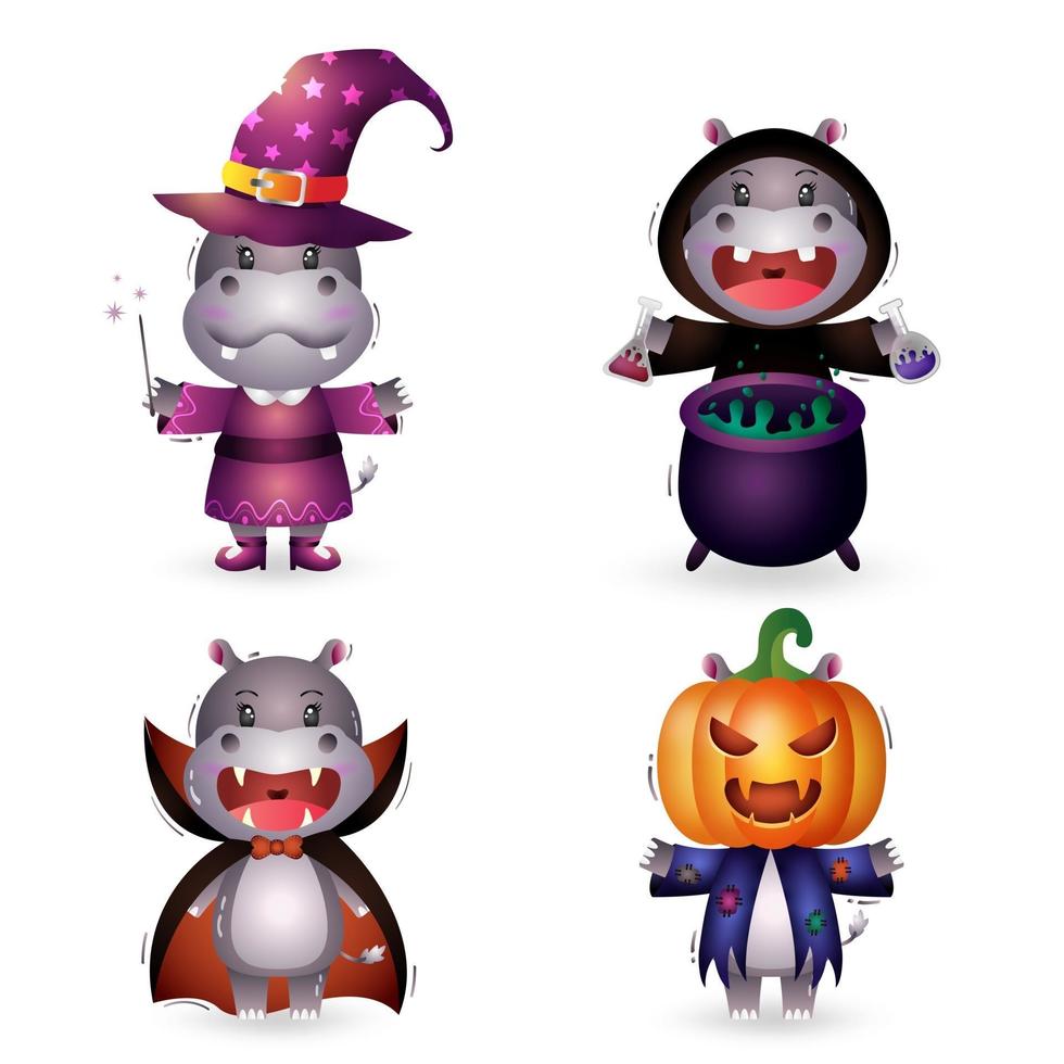 lindo hipopótamo con disfraz colección de personajes de halloween vector