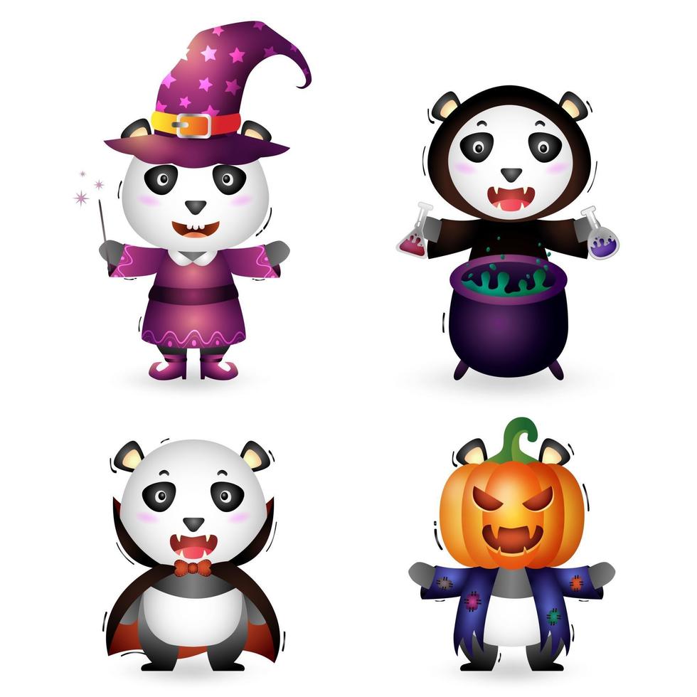 lindo panda con disfraz colección de personajes de halloween vector