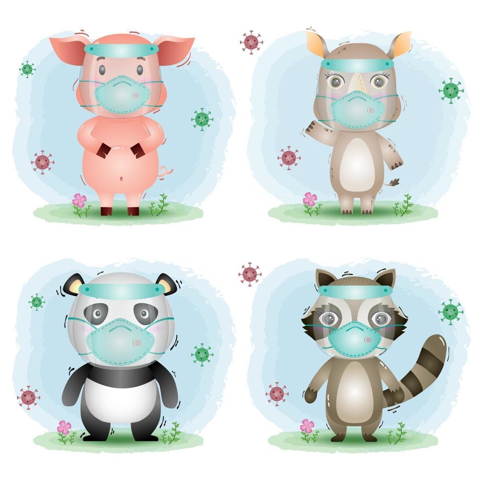 cute animal using face shield and mask pig, rhino, panda and raccoon vector