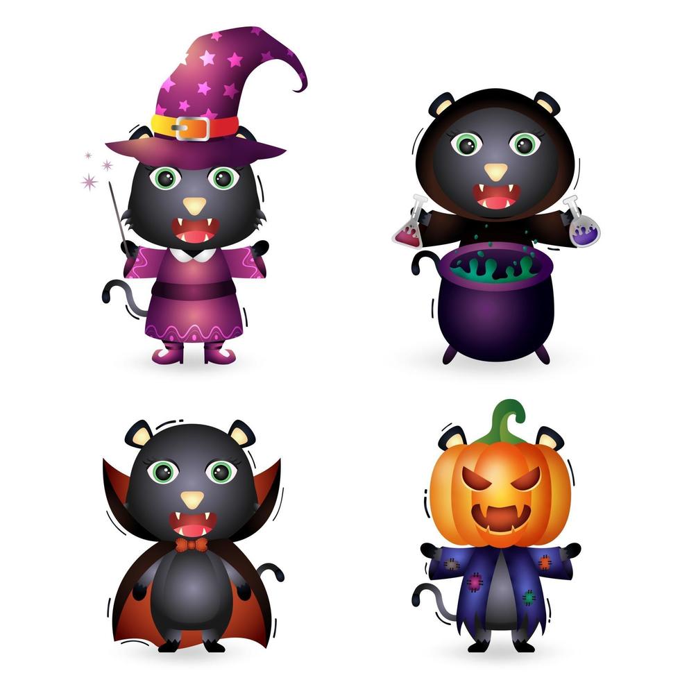 cute black cat with costume halloween character collection vector