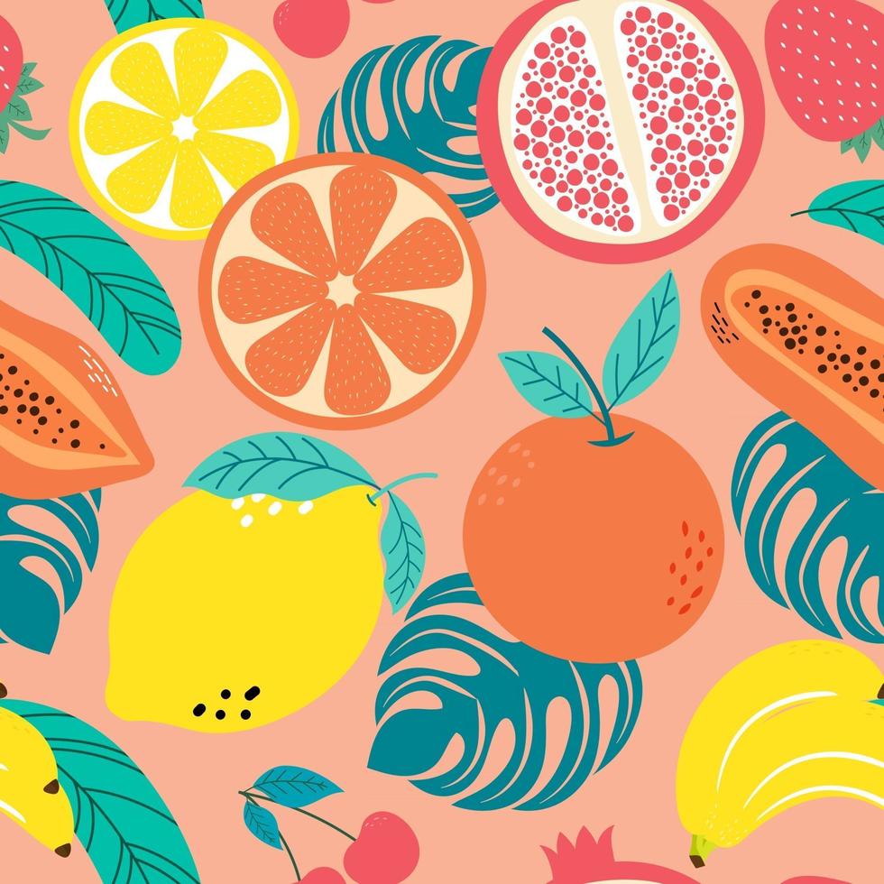 Hand drawn cute seamless pattern  fruits, Orange, Banana, Pomeganate, Cherry, Strawberry, Lemon and leaf on orange pastel background. Vector illustration.