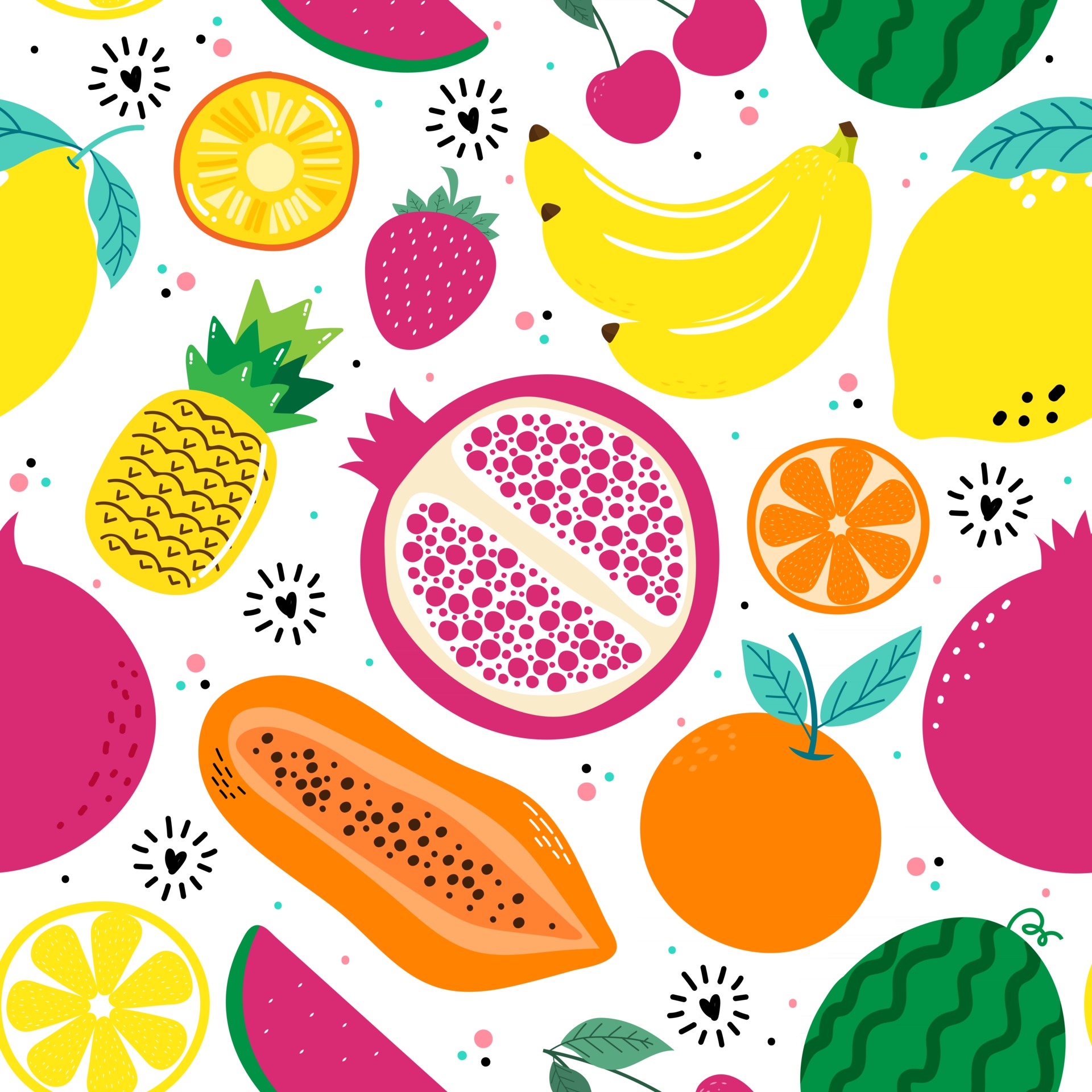 Hand drawn cute seamless pattern fruits, Orange, Banana, Pomegranate ...