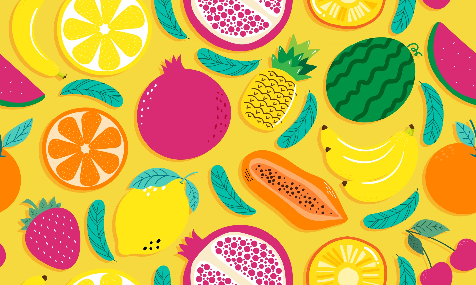 Hand drawn cute seamless pattern fruits, Orange, Banana, Pomegranate ...