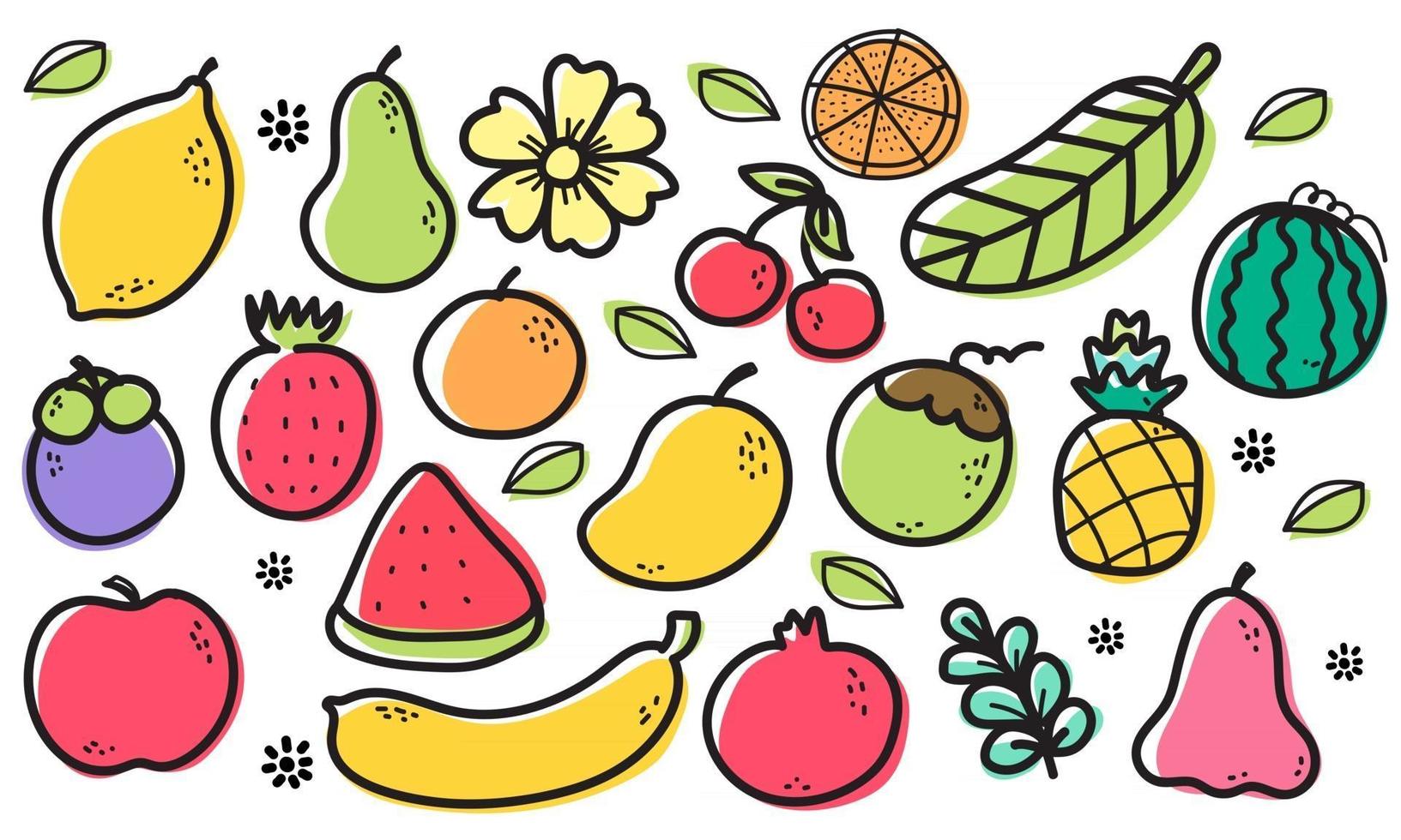 frutas de patrones sin fisuras, naranja, plátano, granada, mangostán, fresa, piña, sandía, limón, aguacate, coco, pomarrosa, cereza, manzana, flor y hoja sobre fondo blanco. vector