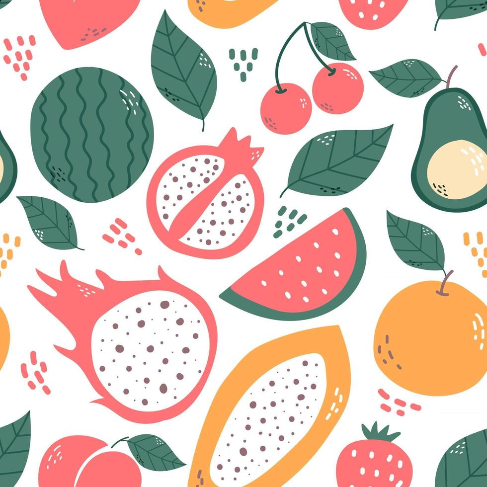 frutas de patrones sin fisuras y hojas aisladas sobre fondo blanco. papaya, fruta del dragón, cereza, sandía, naranja, granada, aguacate, melocotón ilustración vectorial. vector