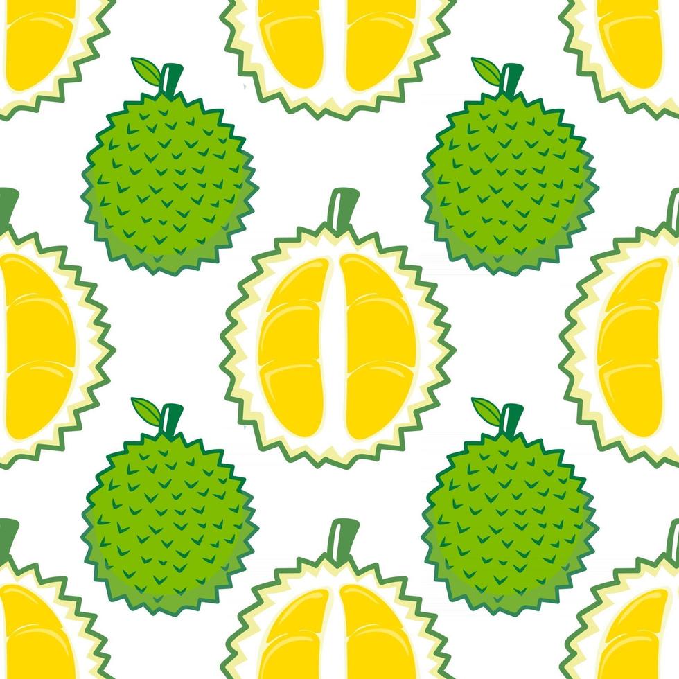 patrones sin fisuras lindo durian frutas y hojas aisladas sobre fondo blanco. ilustración vectorial. vector