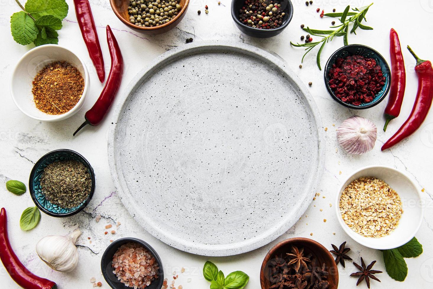 Empty plate and frame of spices photo