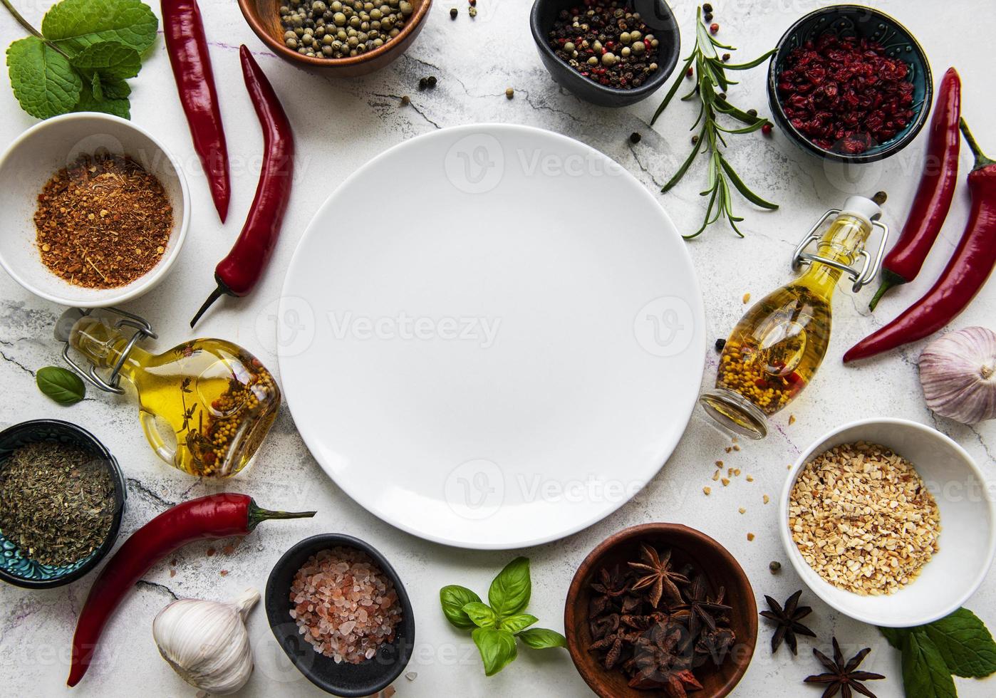 Empty plate and frame of spices photo