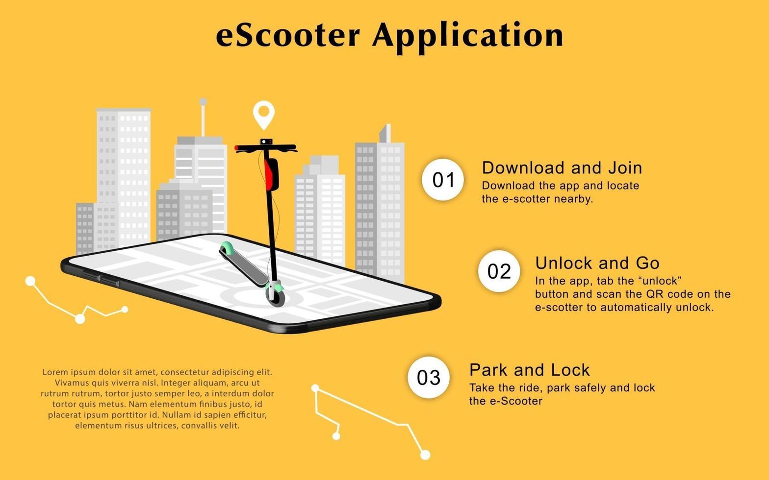 e-scooter y aplicación de alquiler. vector. vector