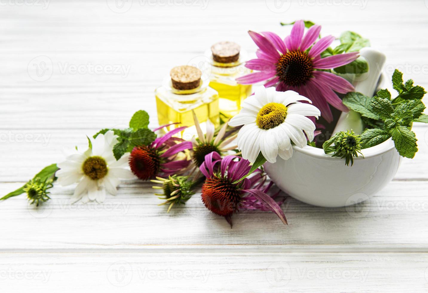 Medical flowers and plant in mortar and essential oils on a white wooden table photo