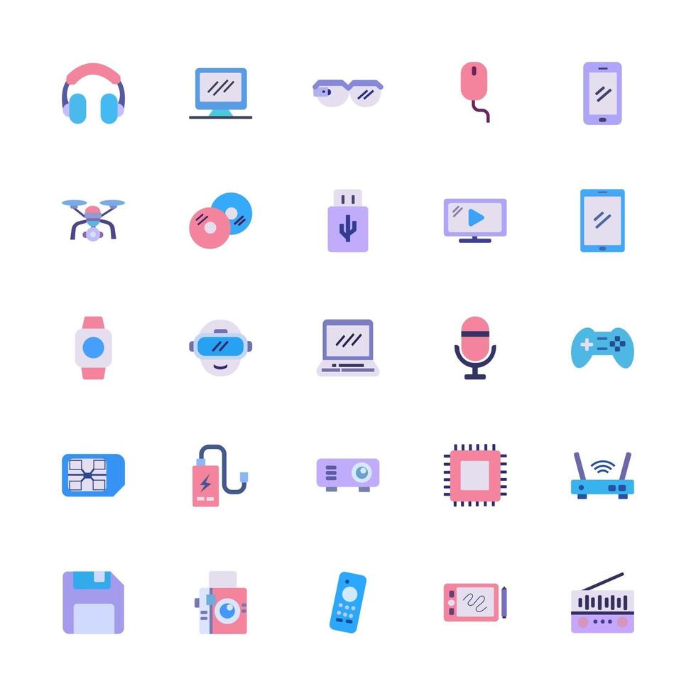 conjunto de iconos multimedia con estilo plano. Ilustración de vector de símbolo de signo de dispositivo de tecnología