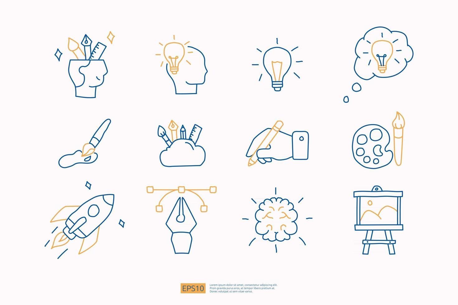 concepto de icono de doodle relacionado con la creatividad con el símbolo del cerebro. diseño creativo, idea, inspiración, lluvia de ideas, puesta en marcha y pensar en la ilustración de vector de línea de trazo