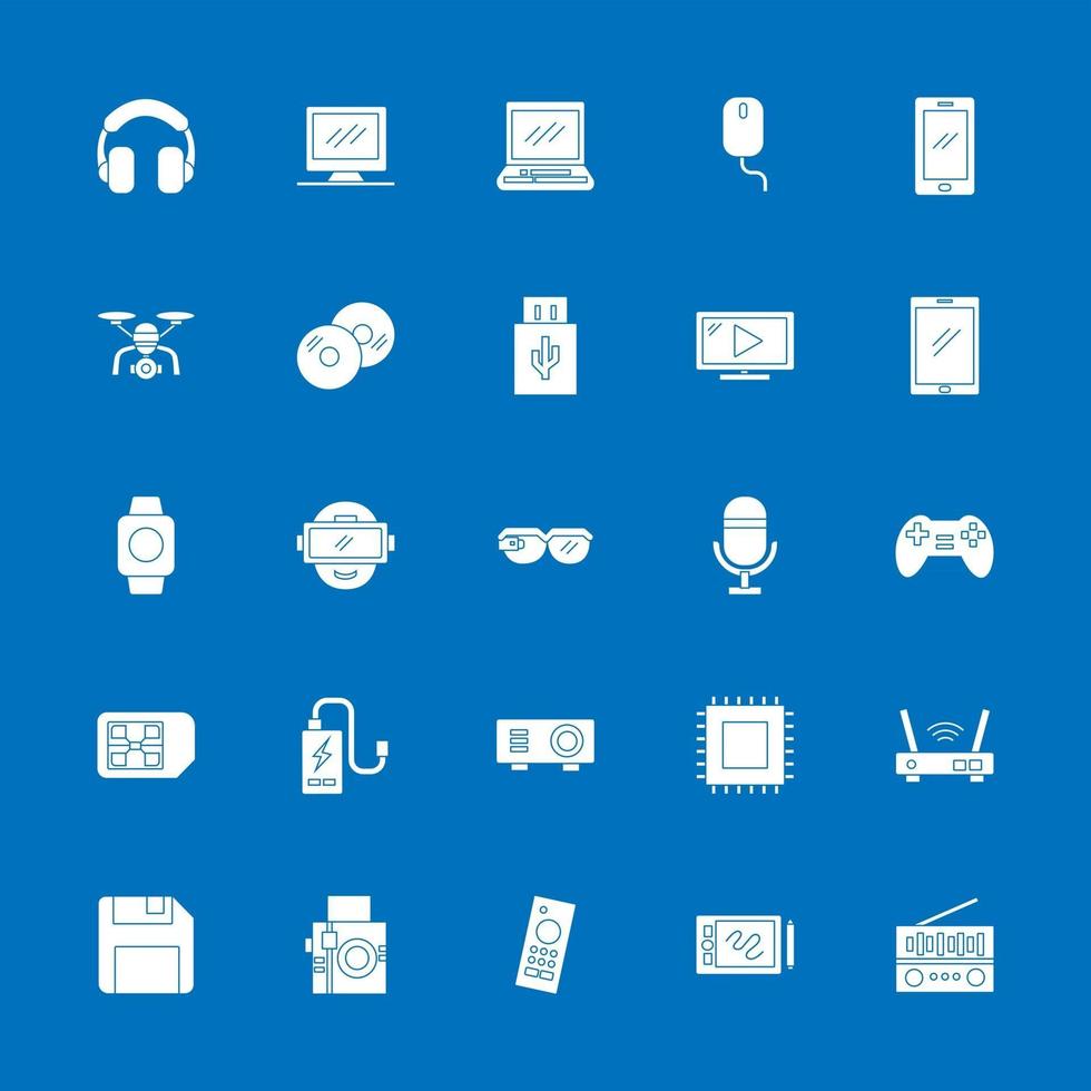 multimedia icon set with flat solid style. technology device sign symbol vector illustration