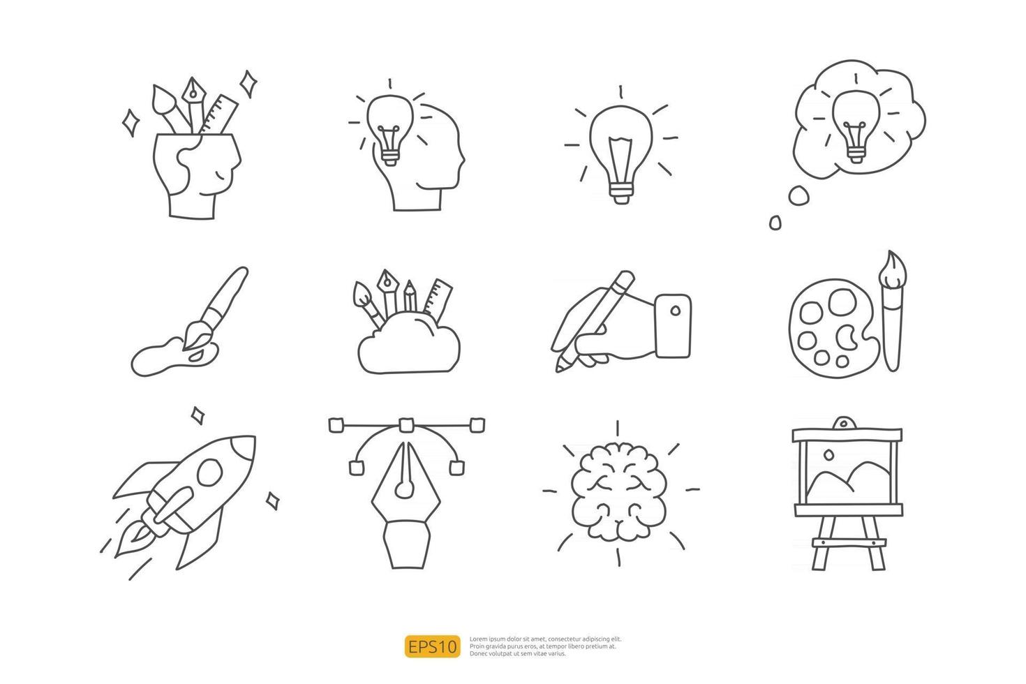 concepto de icono de doodle relacionado con la creatividad con el símbolo del cerebro. diseño creativo, idea, inspiración, lluvia de ideas, puesta en marcha y pensar en la ilustración de vector de línea de trazo