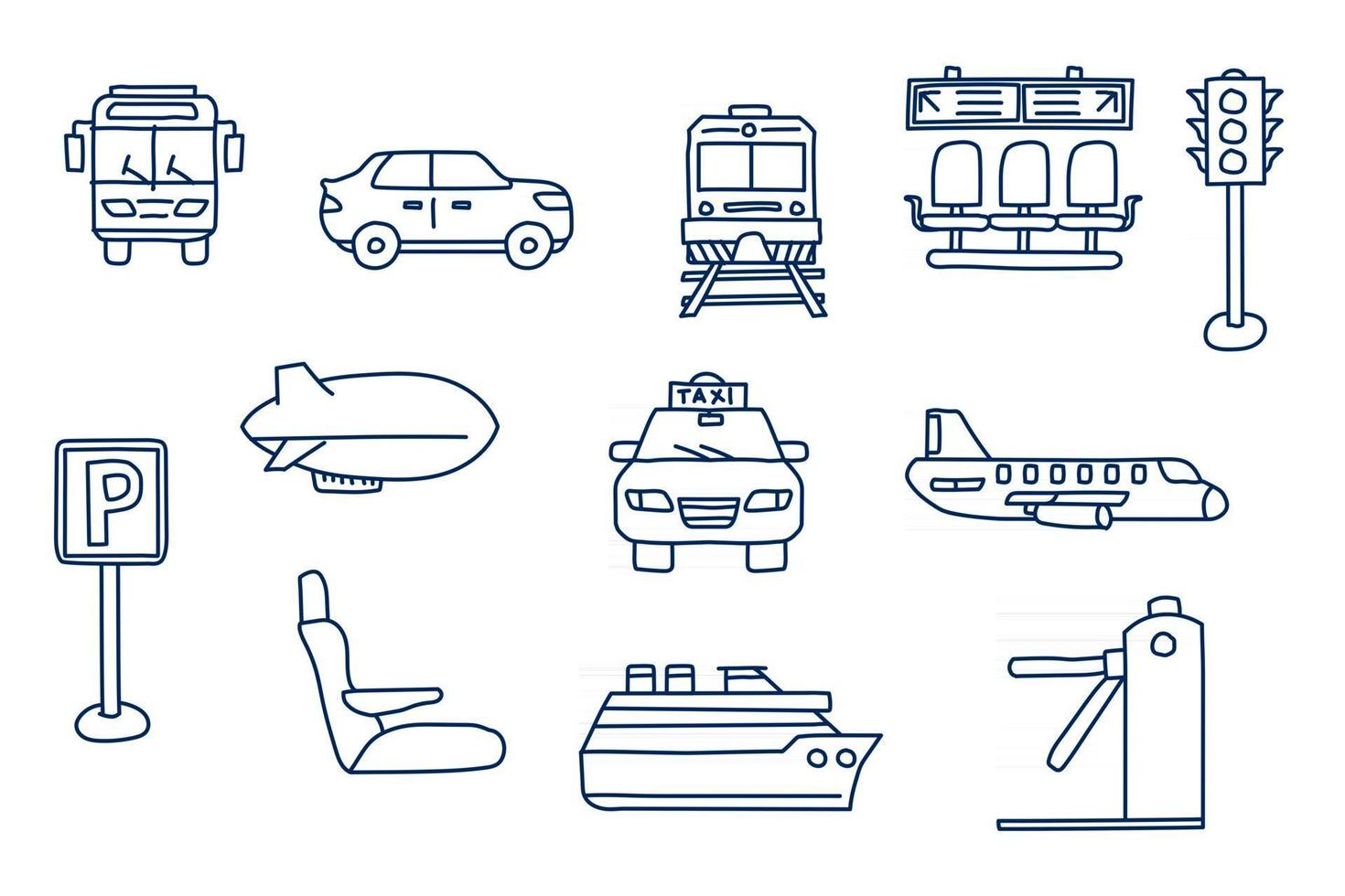 transporte doodle conjunto de iconos de estilo de dibujo. aislado sobre fondo blanco tinta simple dibujado a mano ilustración vectorial vector