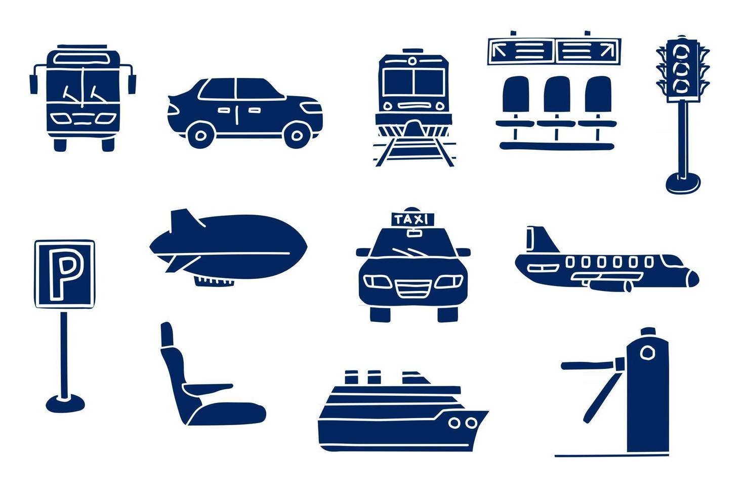 silhouette of transportation. doodle sketch style icon set. isolated on white background simple ink hand drawn Vector illustration