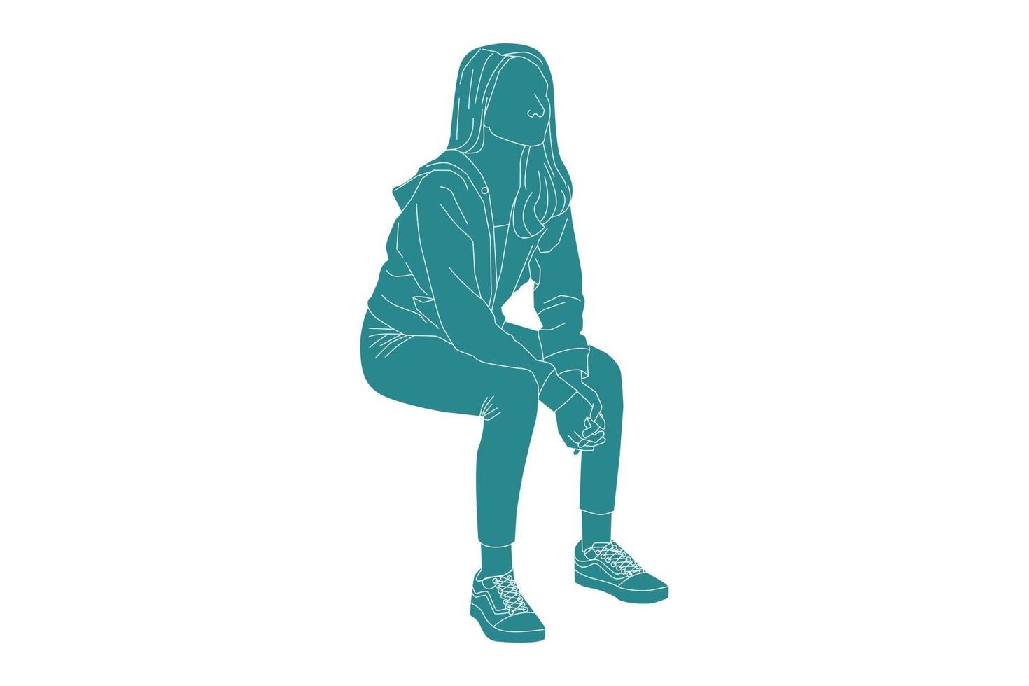 Vector illustration of sporty woman sitting. Flat style with outline