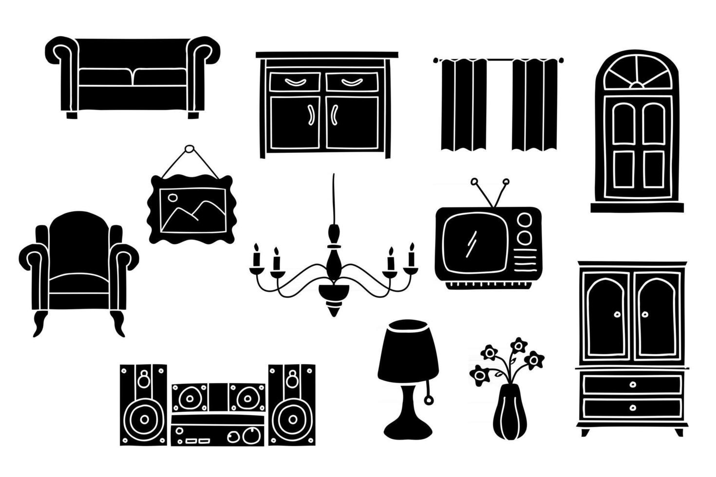 conjunto de muebles de interior doodle. icono de estilo de dibujo de silueta de decoración del hogar. aislado sobre fondo blanco tinta simple dibujado a mano ilustración vectorial vector