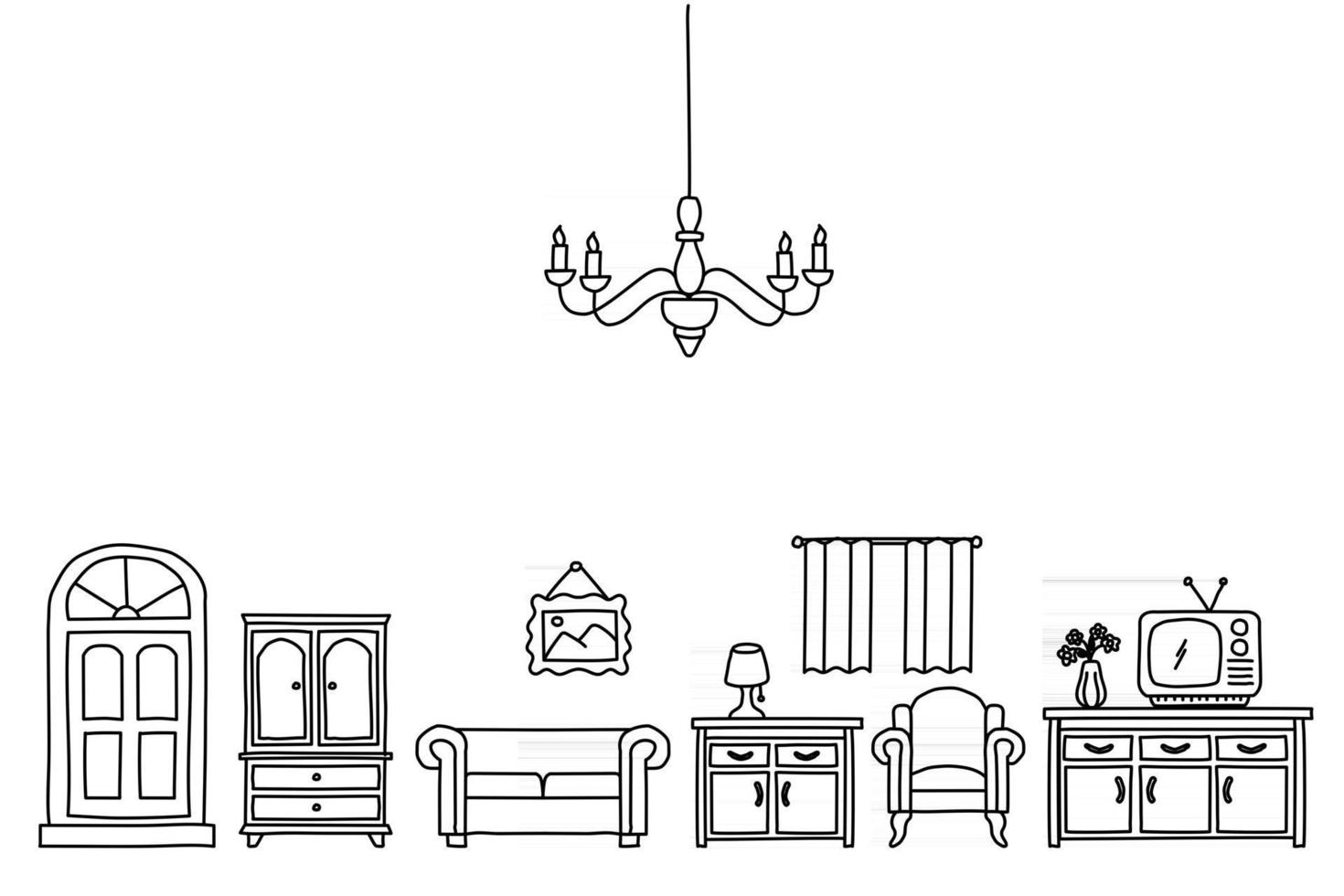 home decoration sketch style doodle. interior furniture set ink hand drawn Vector illustration