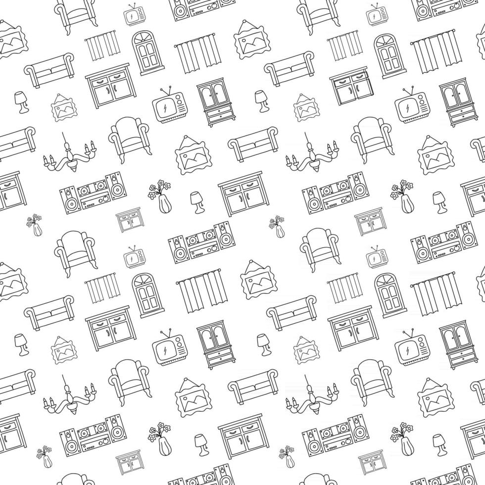 muebles doodle de patrones sin fisuras. icono de estilo de dibujo de decoración del hogar para la ilustración de vector de fondo