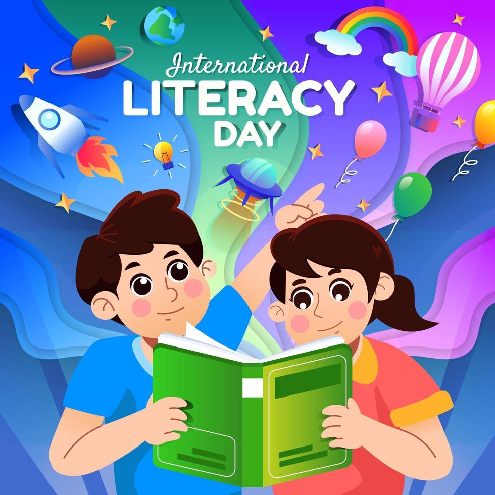 Happy Smart Boy and Girl Reading a Book vector