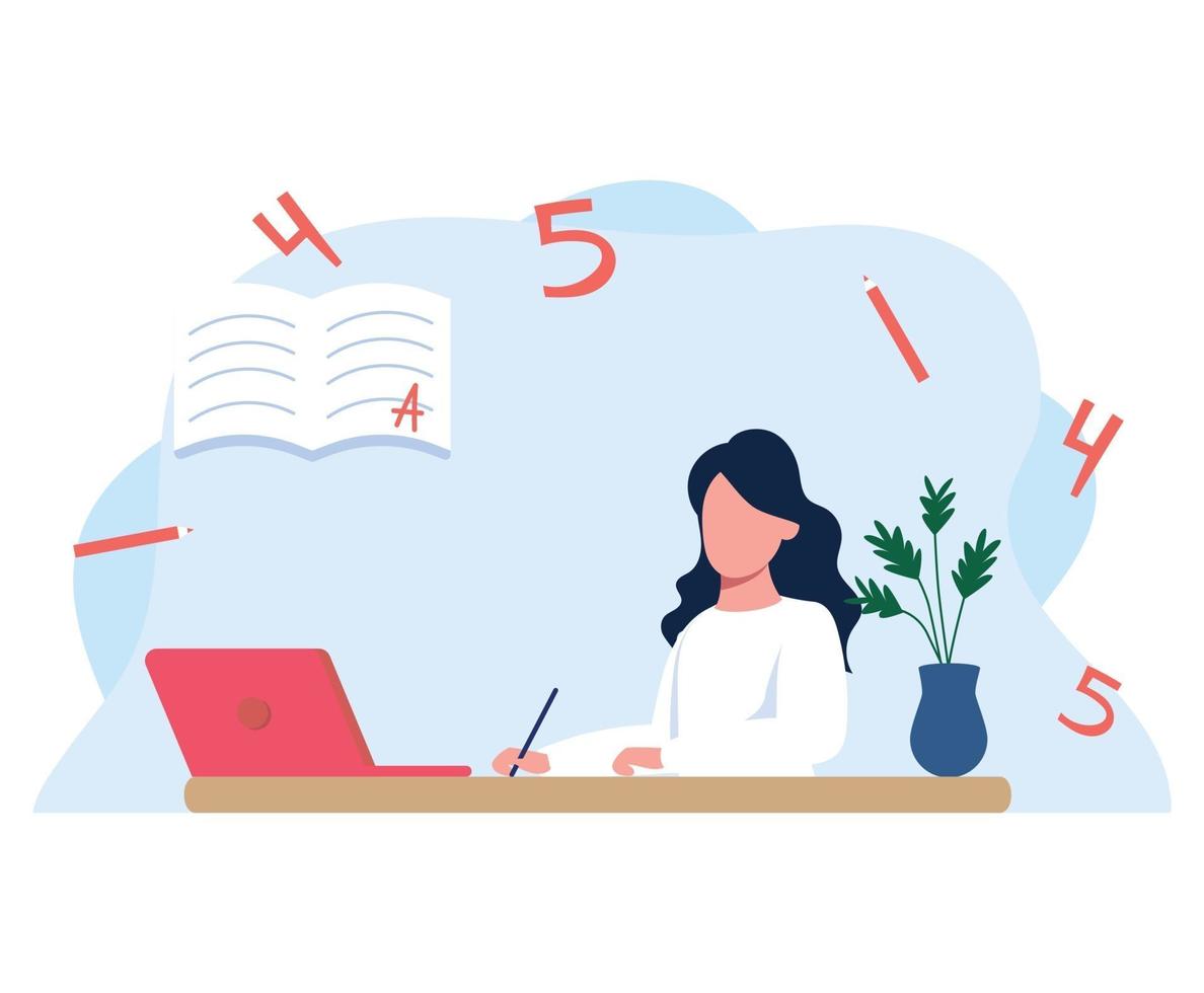 Young girl sitting at her Desk and looking at the computer, office at home. Girl distance learning with laptop, flat cartoon vector illustration isolated