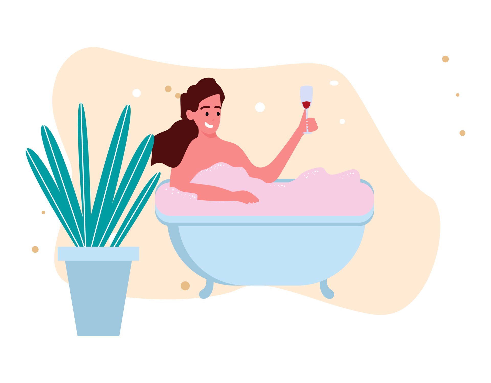 Woman character taking bath relaxing and drinking wine. Vector flat