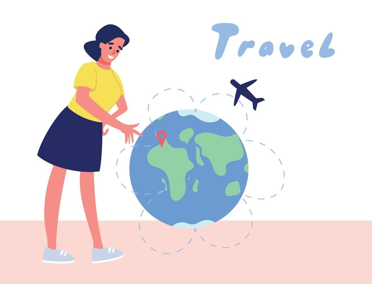 the girl chooses where to fly on the world globe. Vector flat illustration.