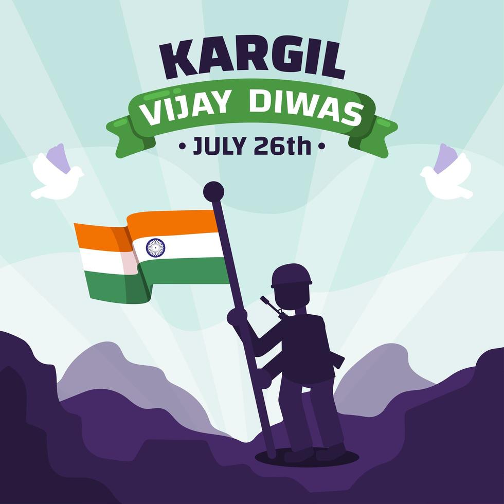 kargil vijay diwas con soldado sosteniendo la bandera india vector