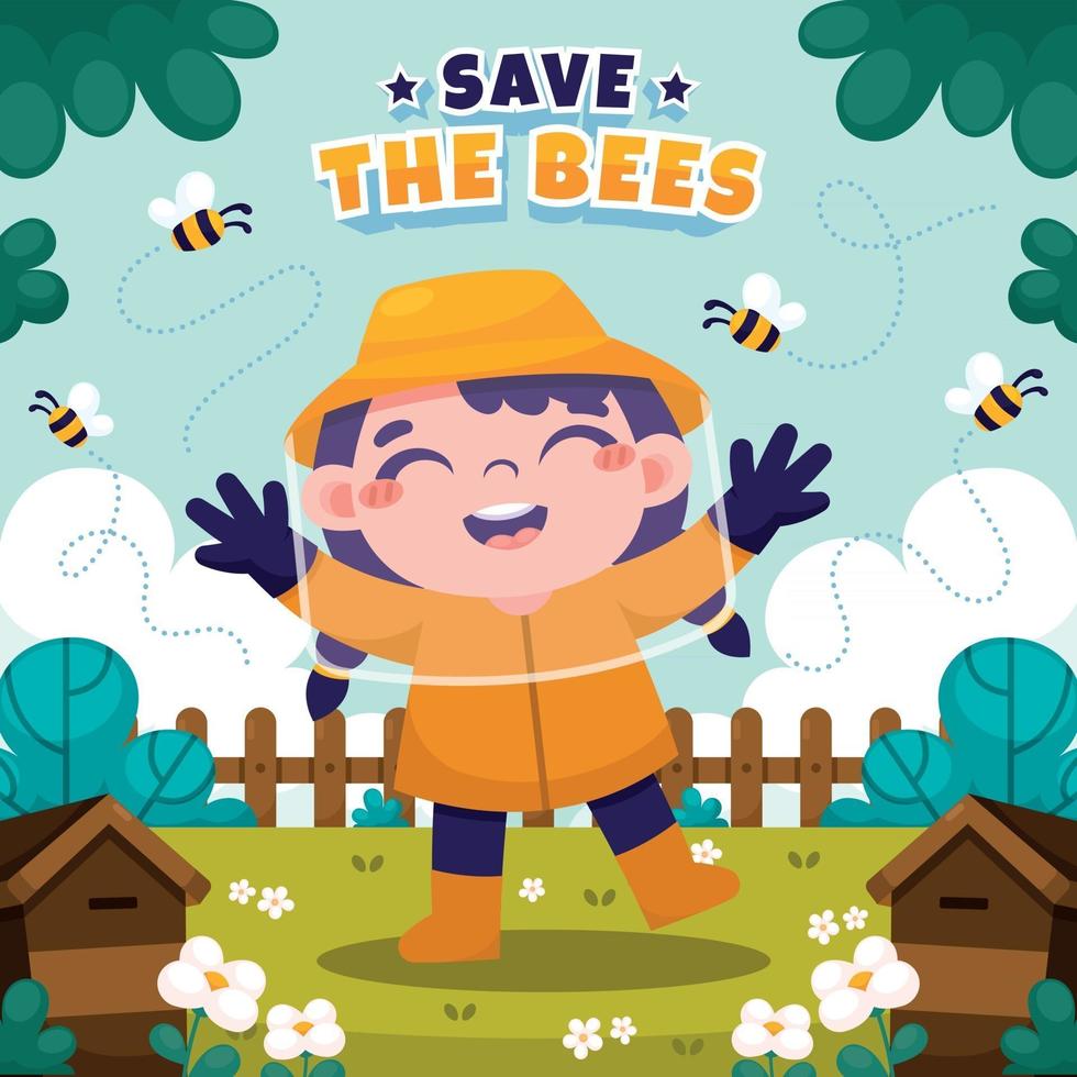 Little Girl Have Fun with The Bees vector