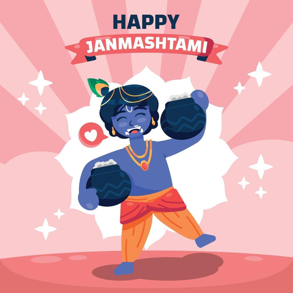 saludo janmashtami con feliz krishna vector