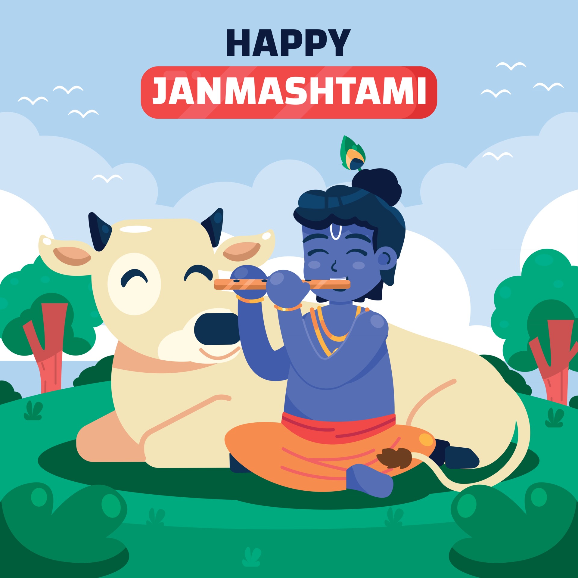 Janmashtami Greeting with Little Krishna and Cow 2866083 Vector Art at  Vecteezy