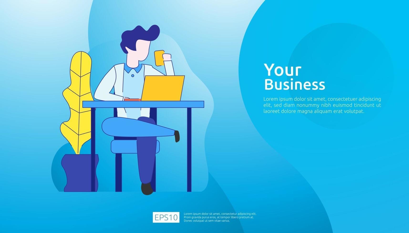 businessman working at a laptop computer in the workplace desk office. Business illustration concept for remote work or freelance with man character. Vector illustration in flat style.