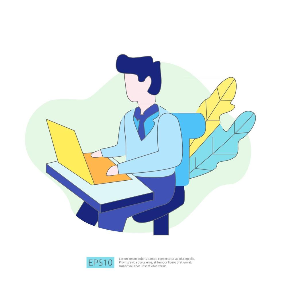 businessman working at a laptop computer in the workplace desk office. Business illustration concept for remote work or freelance with man character. Vector illustration in flat style.