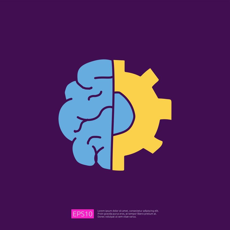 engineering related doodle with brain and gear symbol. artificial intelligence AI concept for inspiration, development, brainstorming sign. fill color line vector illustration