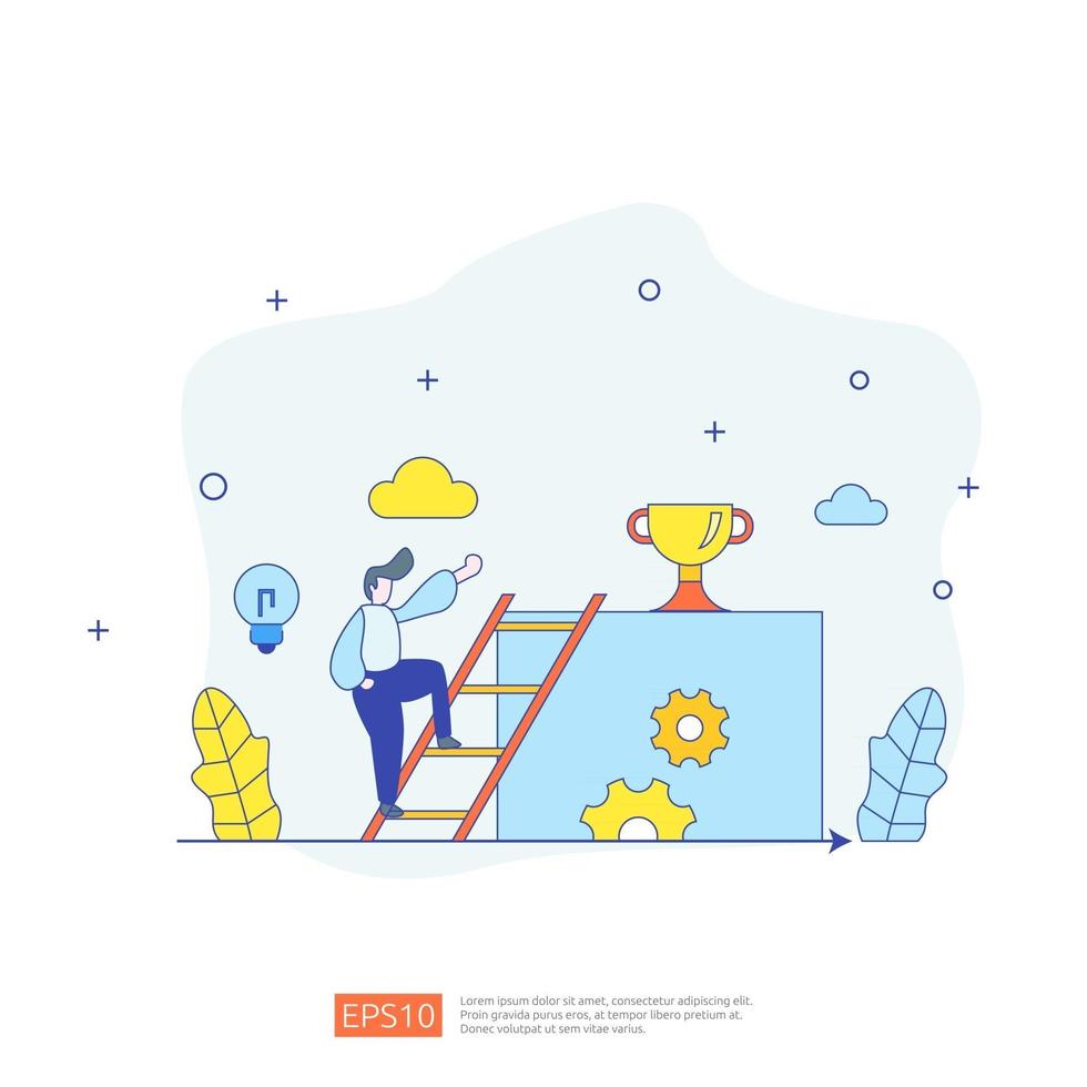 business concept with stair, trophy cup and tiny people. direction to success. Finance growth vision, winner victory achievement award and personal career development flat style vector illustration