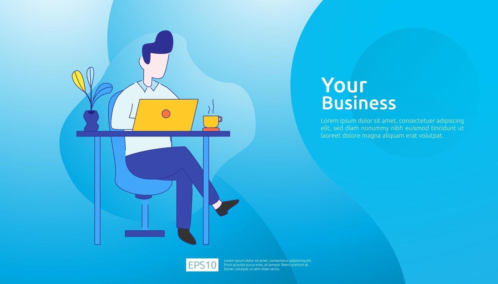 businessman working at a laptop computer in the workplace desk office. Business illustration concept for remote work or freelance with man character. Vector illustration in flat style.