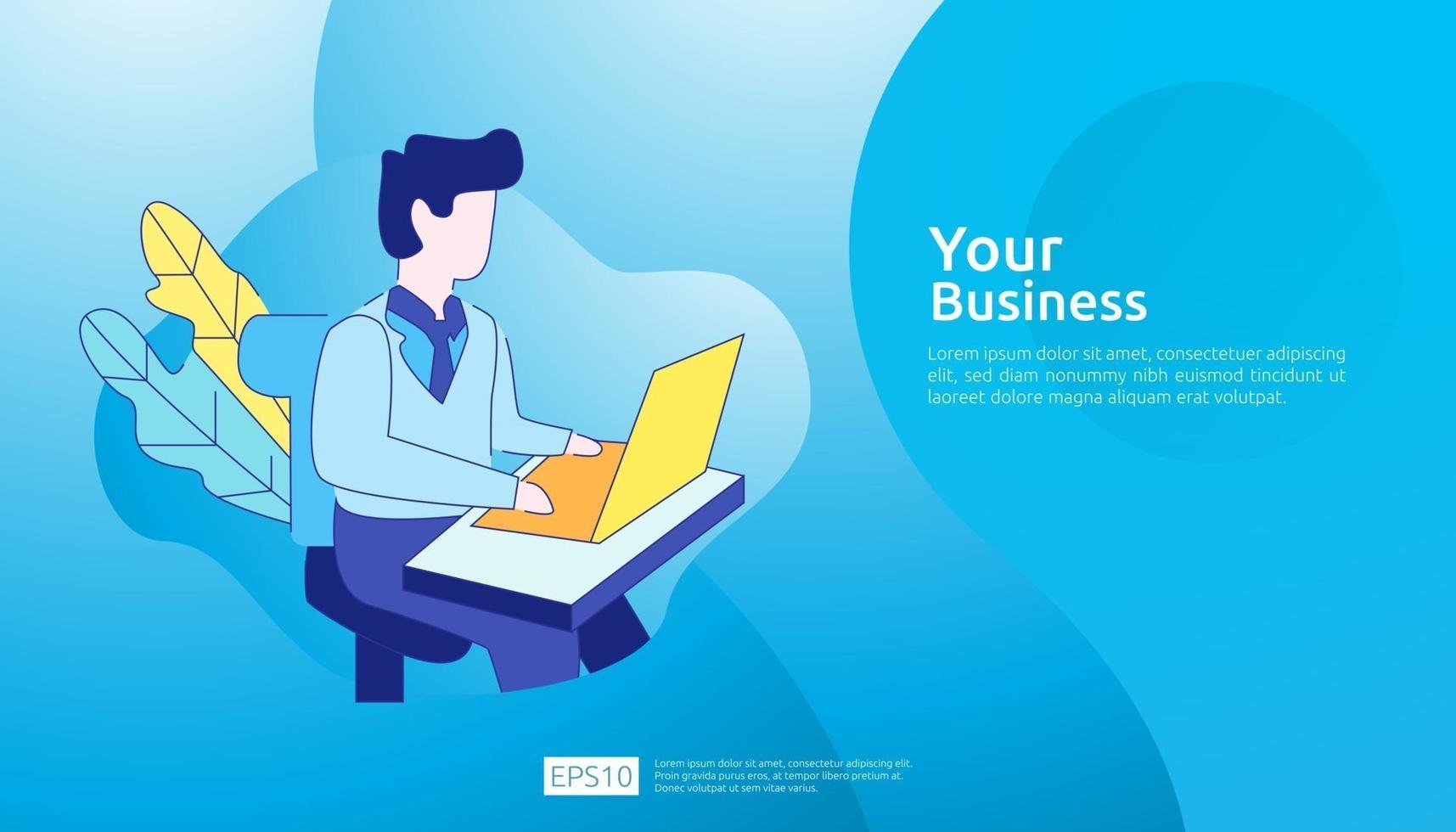 businessman working at a laptop computer in the workplace desk office. Business illustration concept for remote work or freelance with man character. Vector illustration in flat style.