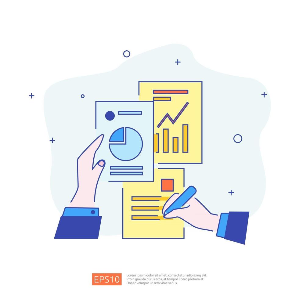 Concepto de informe de datos de documentos de gráfico para estadísticas comerciales, análisis de inversiones, investigación de planificación y contabilidad de auditoría financiera con hoja de papel, manos, lupa, papeleo, tablas, elemento de gráficos vector