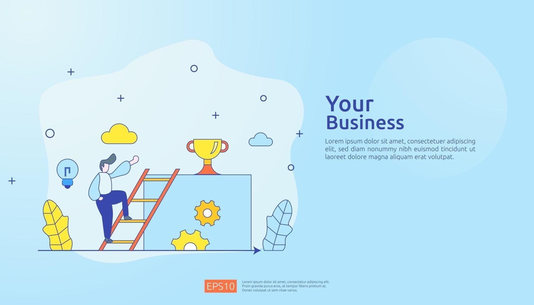 business concept with stair, trophy cup and tiny people. direction to success. Finance growth vision, winner victory achievement award and personal career development flat style vector illustration