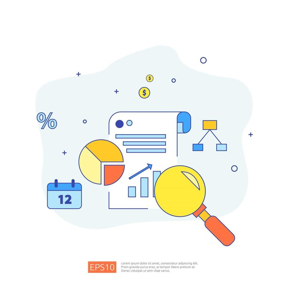 document data report concept for investment analysis, planning research, business statistics and finance audit accounting with paper sheet chart, laptop, magnifier, paperwork, charts, graphs element vector