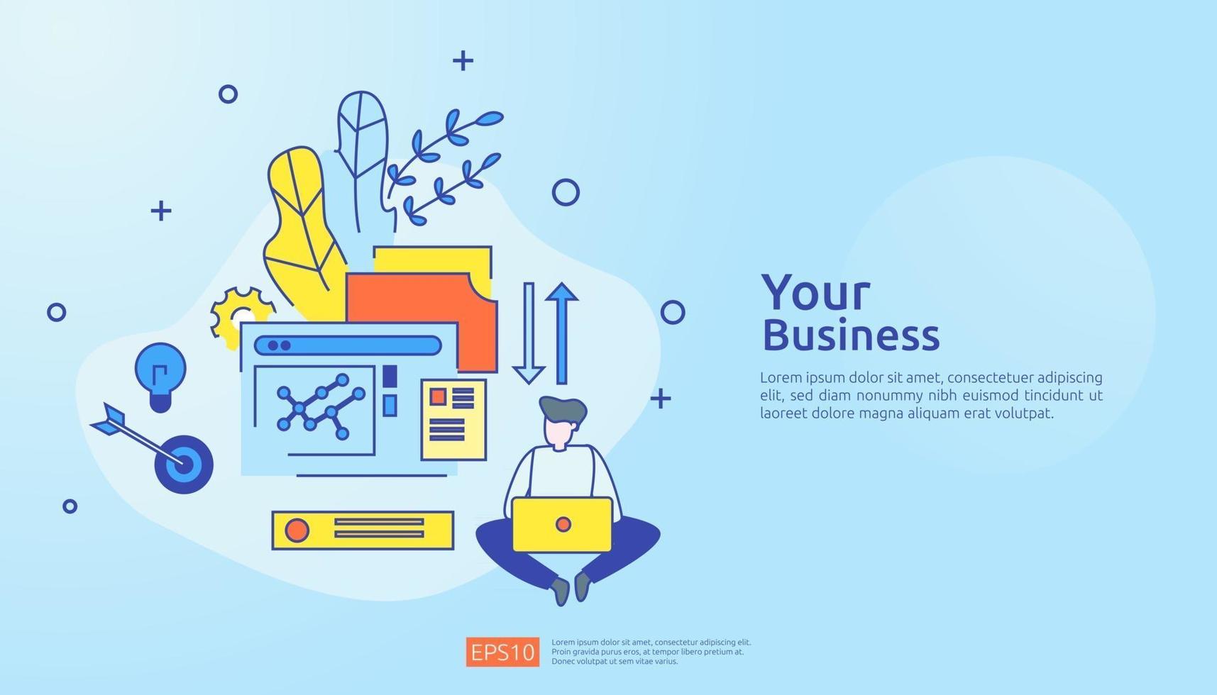 document data report concept for investment analysis, planning research, business statistics and finance audit accounting with paper sheet chart, laptop, magnifier, paperwork, charts, graphs element vector