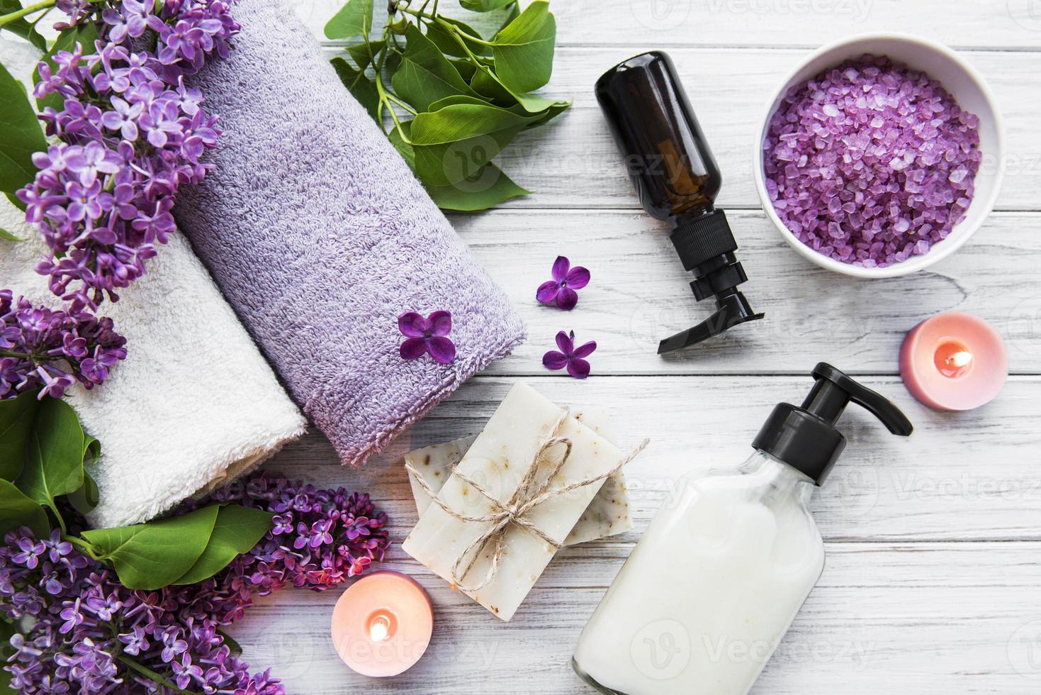 Spa setting with lilac flowers photo