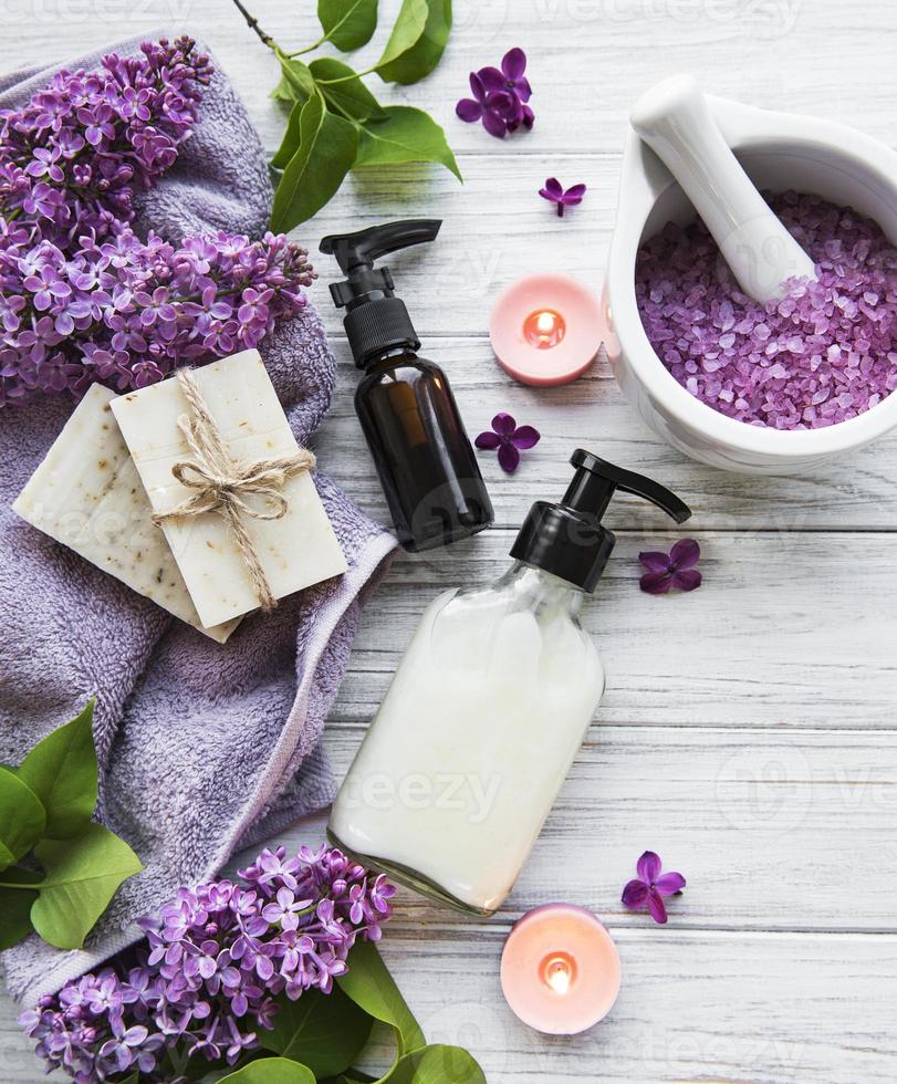 Spa setting with lilac flowers photo