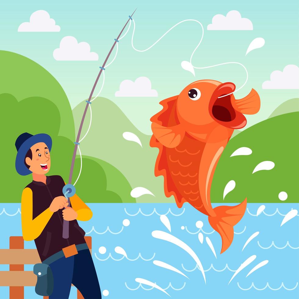 Summer Fishing Activity in the Lake of Hills vector