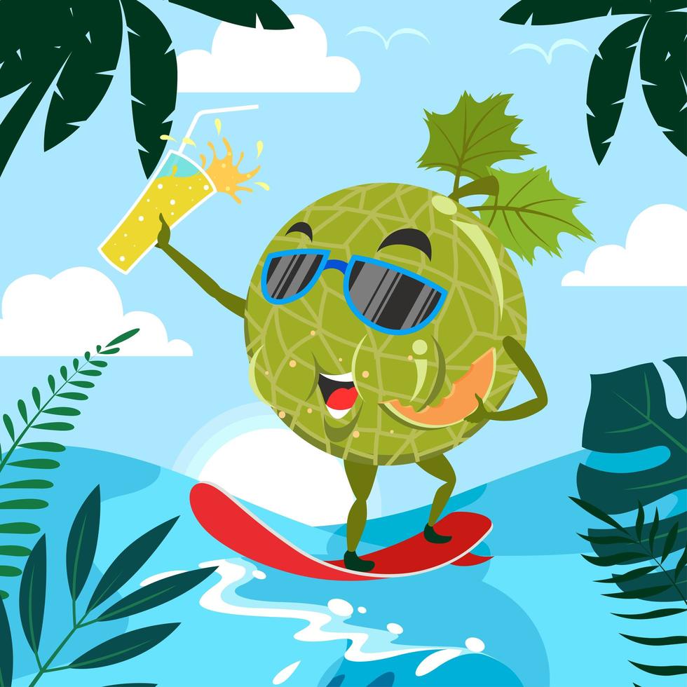 personaje de melón disfruta del surf en verano vector