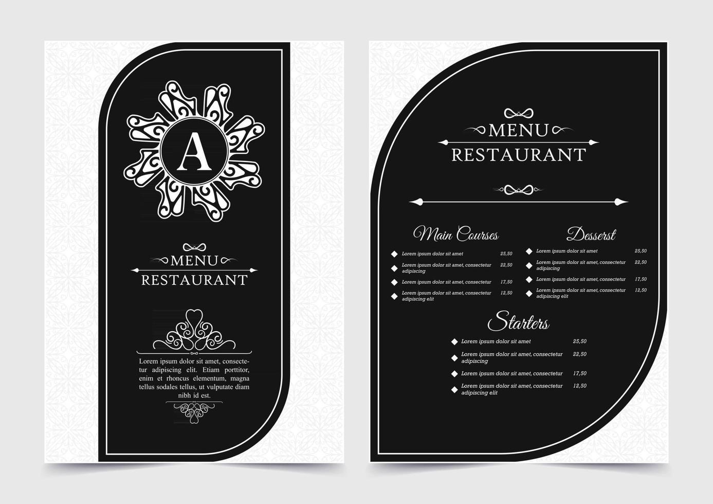 menú de restaurante con elegante estilo ornamental vector