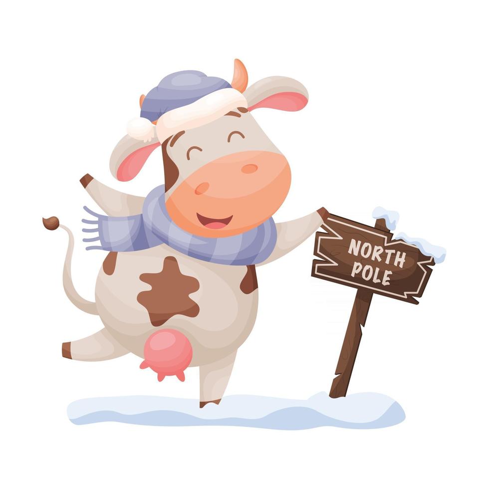 cute cartoon cow in the North Pole vector